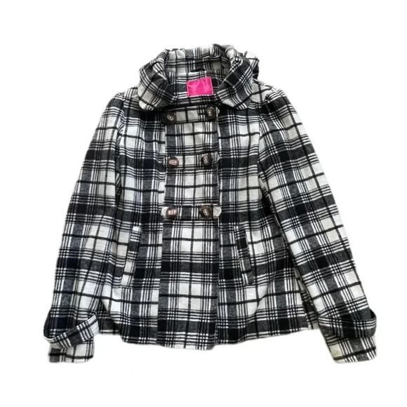 Pink Envelope Plaid Hooded Button Down Black and White Peacoat Junior’s Large - Picture 1 of 13